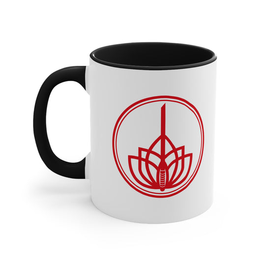 Lotus Sword Accent Mug — Red Interior & Handle, Zen Samurai Coffee Cup