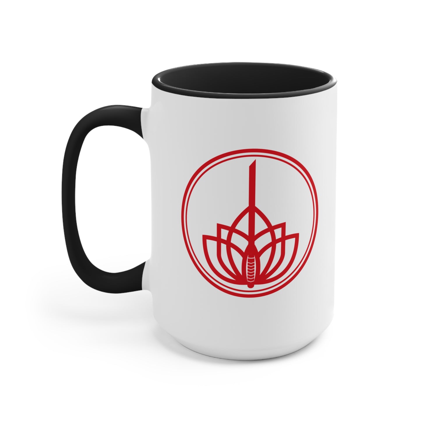 Lotus Sword Accent Mug — Red Interior & Handle, Zen Samurai Coffee Cup
