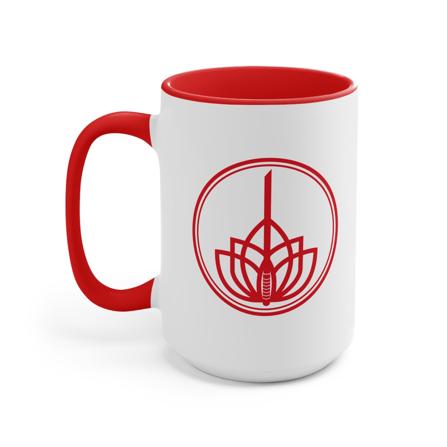 Lotus Sword Accent Mug — Red Interior & Handle, Zen Samurai Coffee Cup