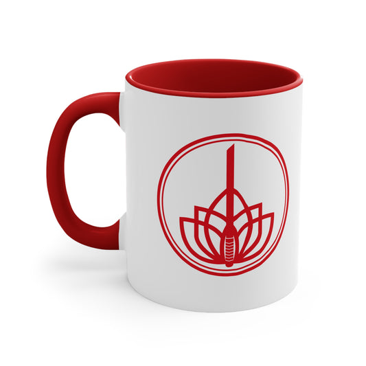 Lotus Sword Accent Mug — Red Interior & Handle, Zen Samurai Coffee Cup